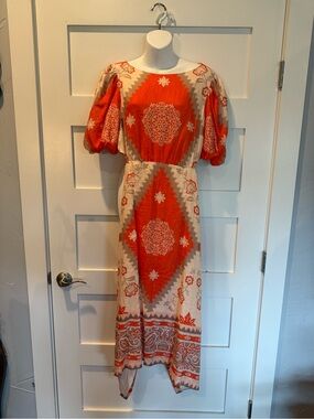 ANTONIO MELANI Orange and Cream Printed Puff-Sleeve Midi Dress